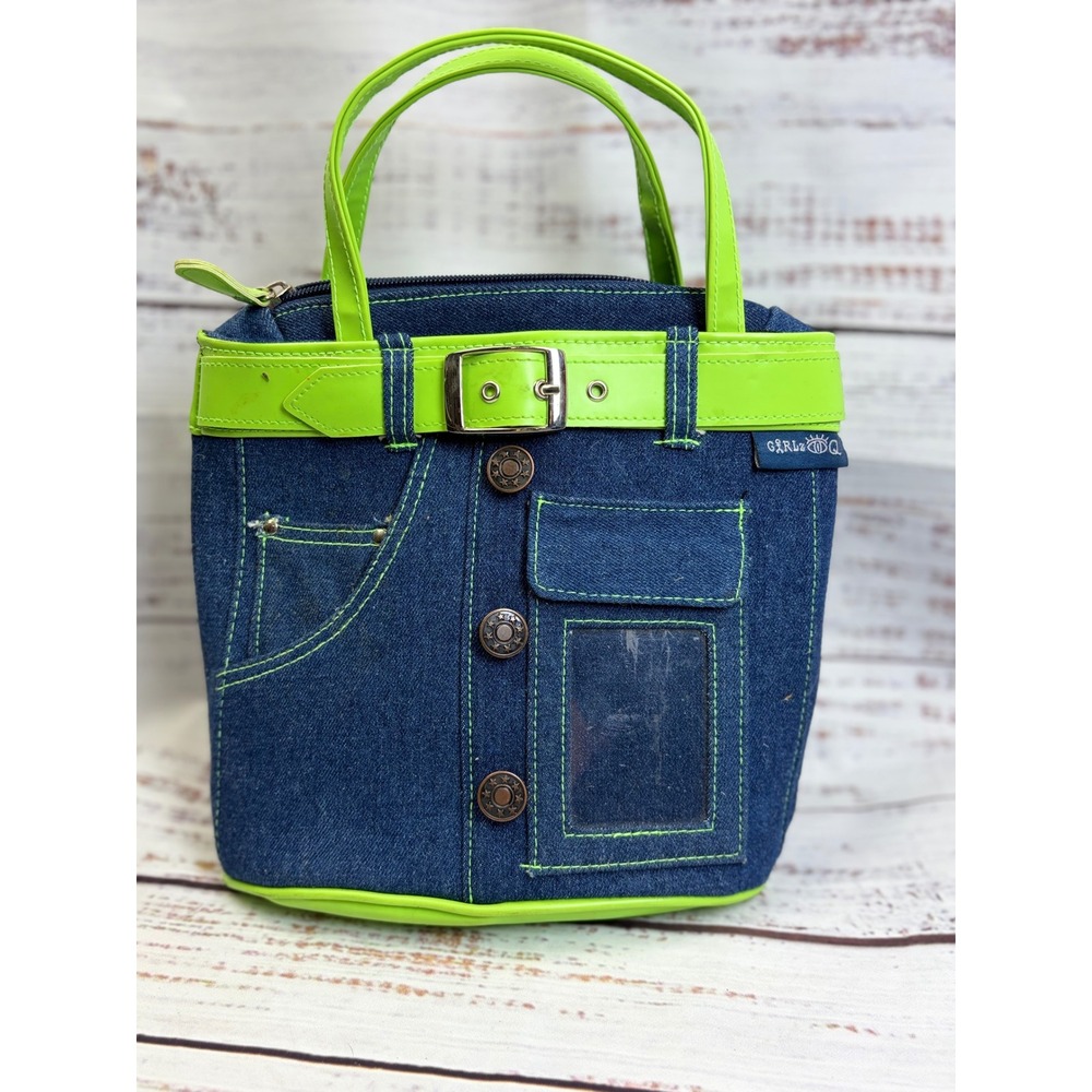 Girlz Q Denim Handbag Lime Green Belted Y2K Mini Bag Jean Purse Blue Neon